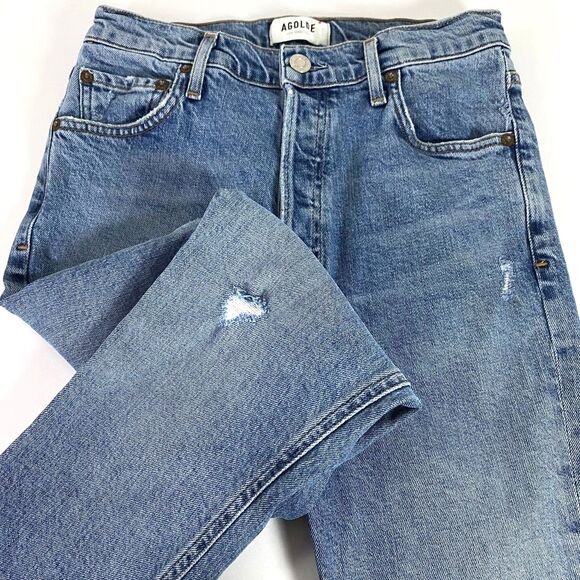 Agolde Nico Slim High Rise Jeans Womens Size 25 Blue Distressed Slits Button Fly - Picture 1 of 16